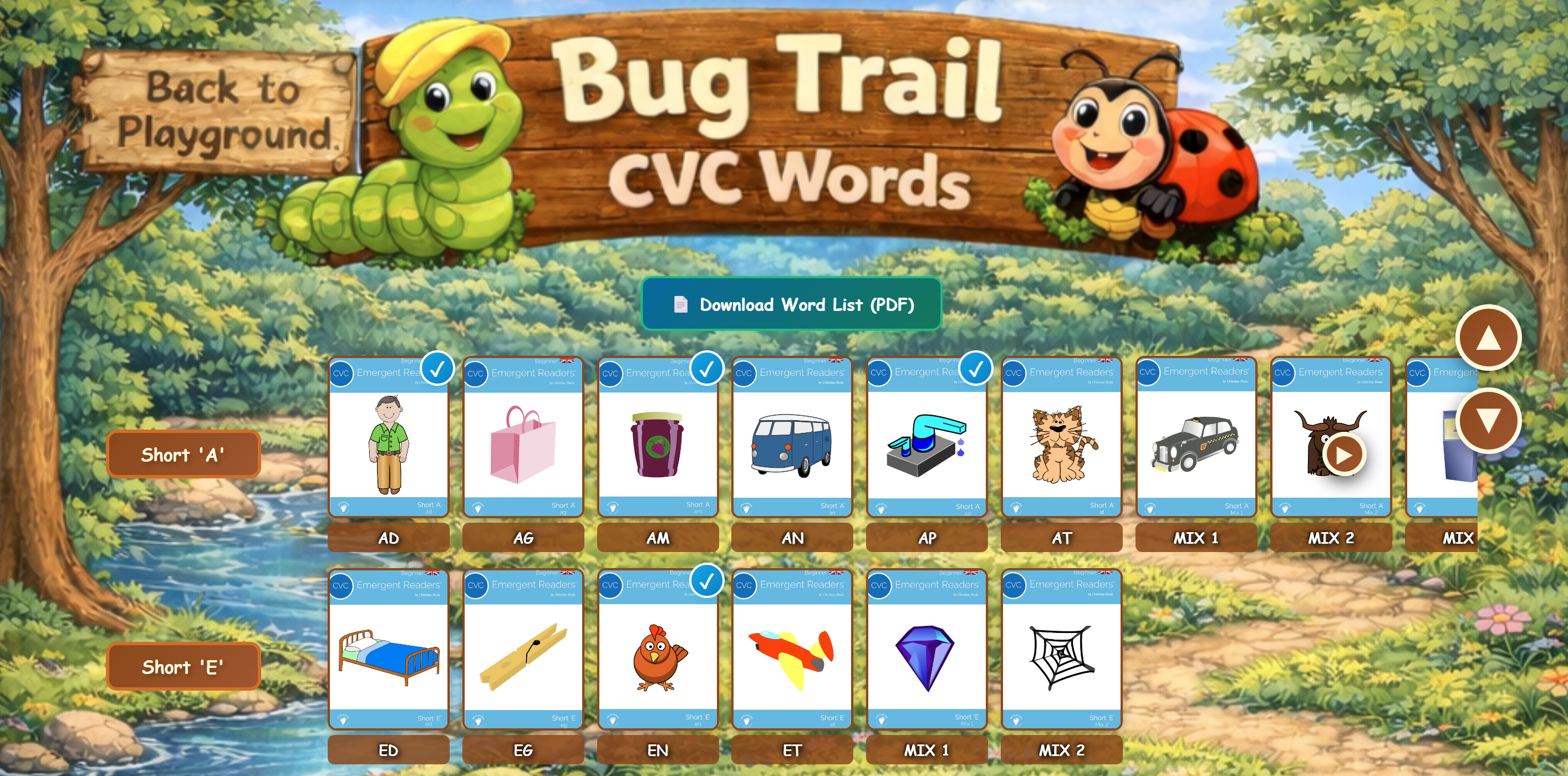 Book selection page showing different phonics patterns